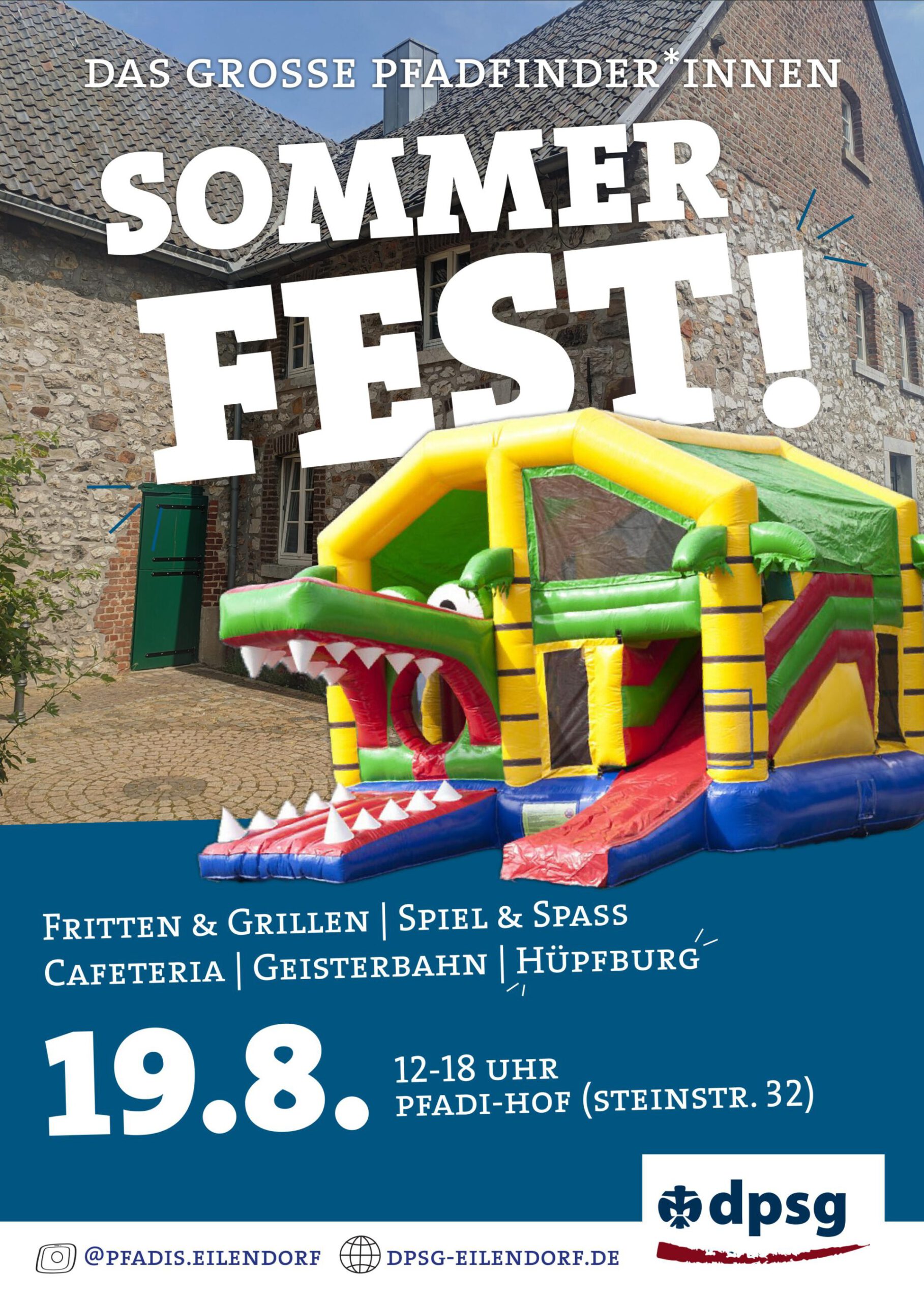 Das große Pfadfinder*innen Sommerfest am 19.08.! Es gibt Fritten, Gegrilltes, Spiel & Spaß, eine Cafeteria, eine Geisterbahn und eine Hüpfburg! Das Fest findet von 12-18 Uhr in der Steinstraße 32 statt.